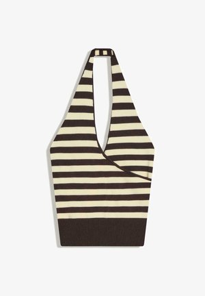 Barna és krémszínű vízszintes csíkos kötött pántos top mély V-nyakkivágással és széles bordázott szegéllyel.