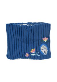 Cinta para la cabeza de punto azul con textura acanalada, forro suave y bordado floral. Incluye el perfil de un personaje en un diseño ovalado.