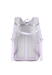 Sac à dos lilas avec dos rembourré en maille et bretelles réglables. Présente des accents gris et une boucle sur le côté. Design léger et structuré.