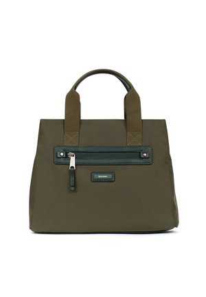 Borsa a tracolla verde oliva in nylon, con due manici in tessuto, una tasca frontale con zip e bordi in pelle, e forma rettangolare.