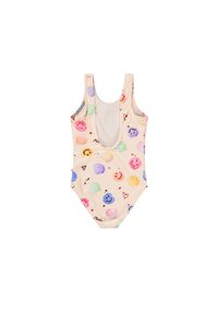 Maillot de bain une pièce beige clair avec des visages souriants colorés et des cœurs. Il possède des bretelles larges et un col rond. Texture lisse.