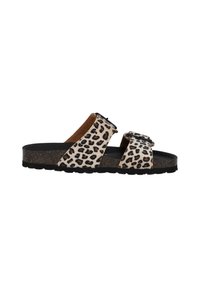 Sandali slide con stampa leopardata, dotati di due fasce regolabili, una soletta imbottita e una suola nera texturizzata per una migliore aderenza.