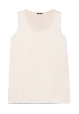 Mouwloos beige hemdje met ronde hals, gemaakt van lichtgewicht stof, vooraanzicht zonder patronen of versieringen.