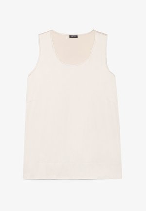 Mouwloos beige hemdje met ronde hals, gemaakt van lichtgewicht stof, vooraanzicht zonder patronen of versieringen.