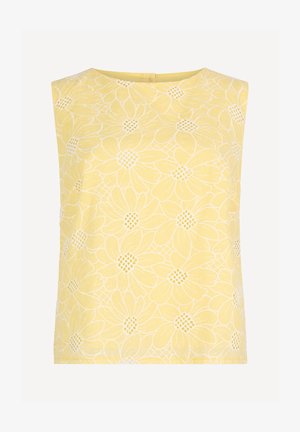 Sleeveless yellow blouse with white floral lace overlay and round neckline, featuring a subtle back zipper closure.
