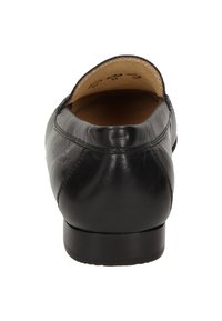 Schwarzer Leder-Slipper mit runder Zehenpartie, glatter Oberfläche und niedrigem Absatz. Das Innere verfügt über ein beiges Futter mit minimalen Nähdetails.