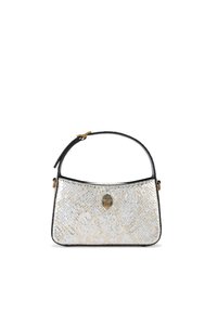 Borsa textured oro e argento con manico curvo nero e un emblema dorato sulla parte frontale, caratterizzata da un sottile motivo a diamante.