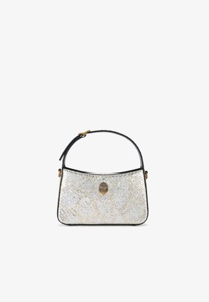 Gold and silver textured handbag with a curved black handle and a gold emblem on the front, featuring a subtle diamond pattern.