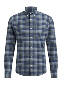 Košile s dlouhým rukávem na knoflíky v námořnické modré a zelené kárované vzoru, vyrobená z měkké látky. Má límec a náprsní kapsu s logem.