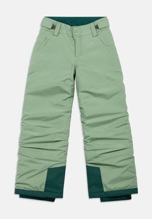 Hellegrüne Schneehosen mit glatter Textur, die an den Bündchen einen dunklen grünen Akzent und einen Knopfverschluss an der Taille aufweisen.