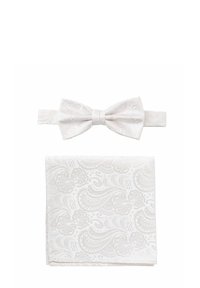 Weißes Fliegen- und Einstecktuch-Set mit einem dezenten Paisleymuster. Der Stoff wirkt glatt mit einer leicht glänzenden Textur.