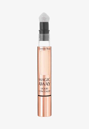 Liquid concealer in a transparent tube with a rose gold base, featuring a soft, round applicator tip. Label reads "Magic Away Liquid Concealer."