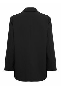 Sort blazer med et notch-krave, lange ærmer og lige snit. Har en glat tekstur og ingen synlige udsmykninger eller mønstre.