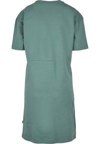 Robe simple à manches courtes, longueur genou, de couleur teal, avec un col rond, vue de dos.