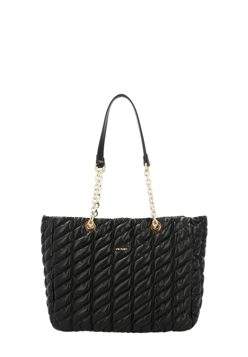 Gestepptes schwarzes Handtasche mit einer glatten, strukturierten Oberfläche, versehen mit goldenen Kettenakzenten und schwarzen Ledergriffen, rechteckige Form.