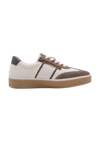Παπούτσι casual low-top με λευκές και καφέ σουέτ επενδύσεις, λευκά κορδόνια, πλευρικό φερμουάρ και υφασμένη ταμπά λαστιχένια σόλα.