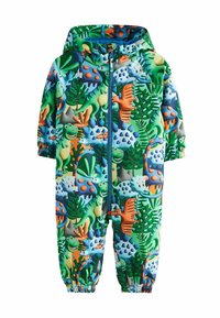 Colorful rain suit featuring a dinosaur and foliage pattern in green, orange, and blue, with a zip front and elastic cuffs.