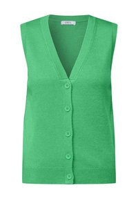Grön ärmlös väst med V-ringning, utrustad med fem knäppningar fram, tillverkad av ett mjukt, strukturerat stickat material.