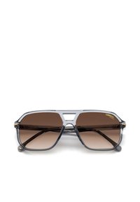 Occhiali da sole con montatura trasparente grigia e lenti a gradiente marrone, caratterizzati da un design unico con ritaglio nella parte superiore e dettagli dorati sulle tempie.