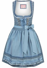 Blaues Dirndlkleid mit einem blumenmusternden Oberteil, Spitzenbesatz, gerafftem Taillenbereich und einem Satinkleid mit einer Schleife in der Taille.