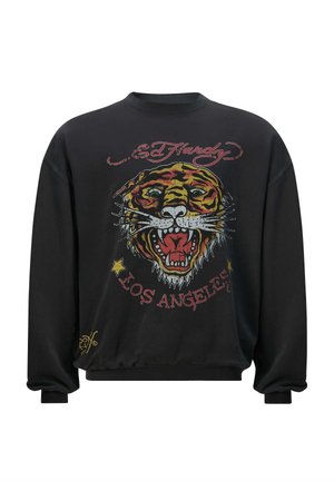Zwarte sweatshirt met een grote, kleurrijke tijgerafbeelding op de voorkant, met de teksten "Ed Hardy" en "Los Angeles" in contrasterende kleuren.