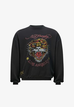 Sort sweatshirt med et stort, farverigt tigerprint på fronten, med "Ed Hardy" og "Los Angeles" tekst i kontrasterende farver.