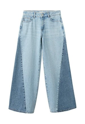 Jeans en denim à jambes larges avec des panneaux avant bleu clair et des inserts latéraux triangulaires bleu foncé, dotés d'une fermeture à bouton et zip.