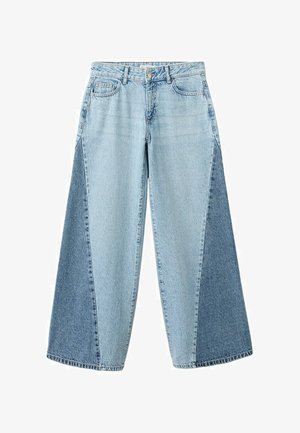 Jeansy dzwony z denimu z jasnoniebieskimi panelami z przodu i ciemnoniebieskimi trójkątnymi wstawkami po bokach, zapinane na guzik i zamek błyskawiczny.