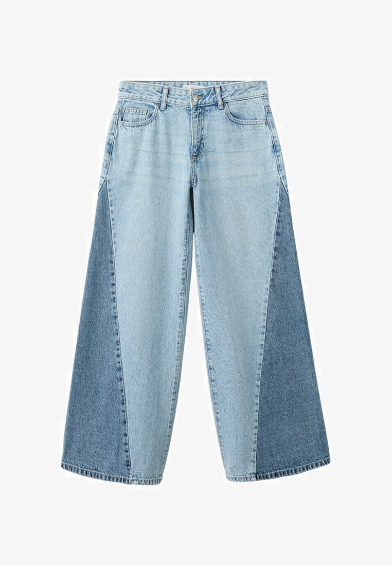 Džínsové nohavice s širokými nohavicami, predné panely svetlomodrej farby a tmavomodré trojuholníkové bočné vsádky, so zapínaním na gombík a zips.