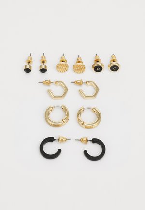 Set of gold and black earrings, including studs and hoops. Features geometric designs, ribbed patterns, and gold-tone hardware.