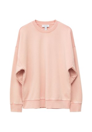 Hellrosa übergroßes Sweatshirt mit rundem Ausschnitt, langen Ärmeln sowie gerippten Bündchen und Saum, auf weißem Hintergrund dargestellt.