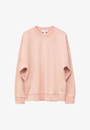 Felpa oversize a girocollo di un rosa chiaro con maniche lunghe e polsini e orlo a costine, mostrata su uno sfondo bianco.