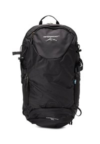 Black backpack with a sleek design, featuring a top handle, adjustable side straps, and zippers. Includes logo and Swedish flag accent.
