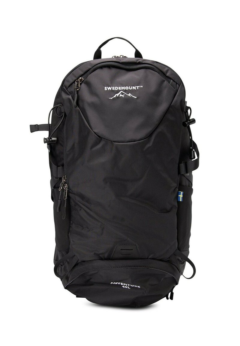 Black backpack with a sleek design, featuring a top handle, adjustable side straps, and zippers. Includes logo and Swedish flag accent.