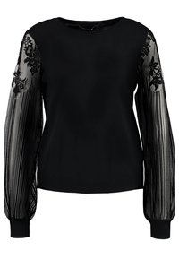 Maglione nero con corpo principale a tinta unita, caratterizzato da maniche in pizzo nero trasparente e rete plissettata, polsini a coste e scollatura rotonda.