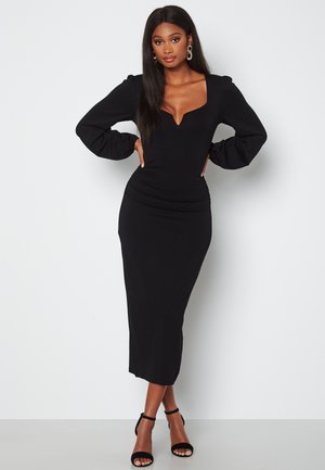 SQUARE V-NECK PUFF SLEEVE MIDI DRESS - Etui-jurk - black