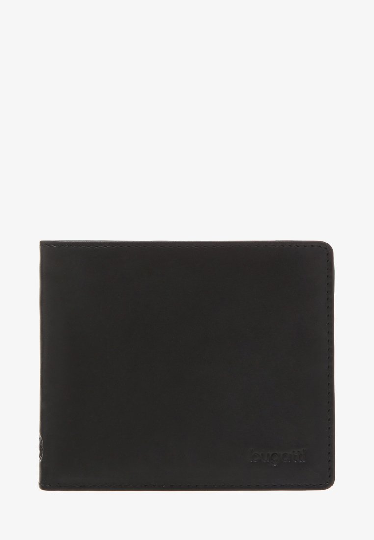 Portefeuille en cuir noir avec une texture lisse, de forme carrée et aux coins arrondis. Présente un logo en relief sur le devant. Design minimaliste.