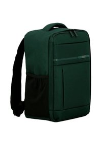 Groene stoffen rugzak met een rechthoekige vorm, voorzien van een voorvak met rits, een zwart zijkant en een handvat aan de bovenkant voor gemakkelijk dragen.