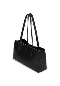 Svart lær totebag med doble skulderremmer, topp glidelåslukking og subtilt gulllogo på forsiden.