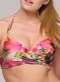 Blomstrande bikinitopp med ett livligt rosa och grönt mönster, vadderade kupor och justerbara axelband med dekorativa orangea pärlor.