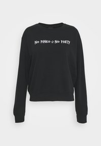 Svart sweatshirt med långa ärmar, rund halsringning och en kortad design. Har texten "No PINKO No PARTY" i vit färg över framsidan.