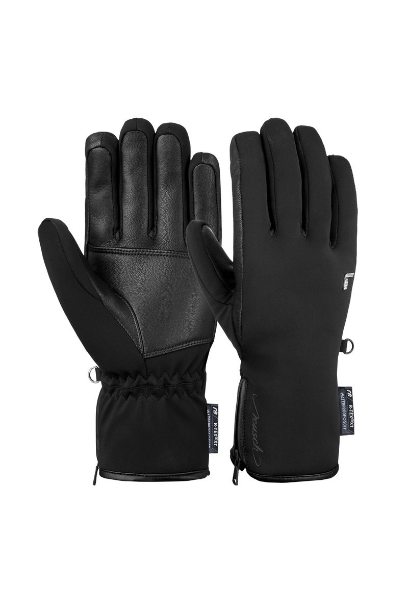 Zwarte handschoenen met leren handpalmen en zachte zwarte stoffen achterkanten, voorzien van een cinched pols voor een veilige pasvorm en reflecterende logo's aan de zijkanten.