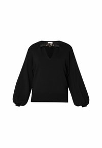 Pull noir à manches longues avec un col en V profond et un petit détail de lanière à boucle au niveau de l'encolure.
