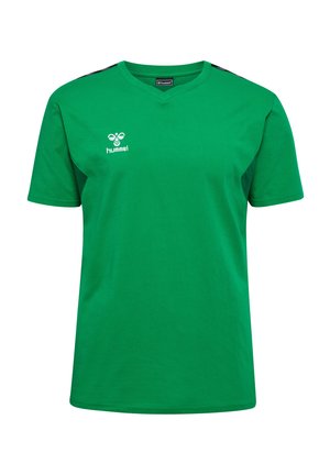 Grøn kortærmet sportsbluse med V-hals, lavet af bomuld. Har en sort detalje på skuldrene og et hvidt logo på brystet.