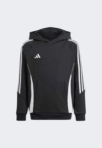 Sweatshirt à capuche noire avec des rayures blanches sur les côtés, une poche avant et un petit logo sur la poitrine. Fabriqué à partir d'un matériau doux et texturé.