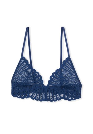 Bralette en dentelle bleu marine avec bords festonnés, motifs floraux et fines bretelles réglables. Dispose d'un tissu doux et texturé pour le confort.