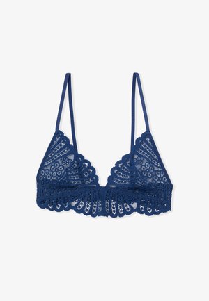 Bralette en dentelle bleu marine avec bords festonnés, motifs floraux et fines bretelles réglables. Dispose d'un tissu doux et texturé pour le confort.