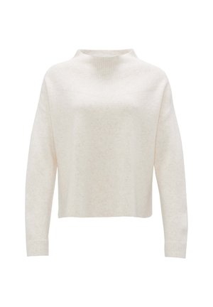 Pull sweater beige clair avec un col montant, des manches longues et des poignets côtelés. Fabriqué en tissu doux avec un subtil motif texturé.