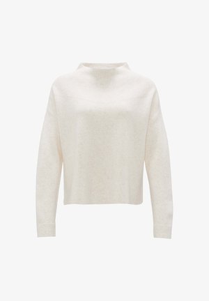 Pull sweater beige clair avec un col montant, des manches longues et des poignets côtelés. Fabriqué en tissu doux avec un subtil motif texturé.