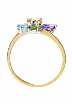 Anello d'oro con una fascia liscia caratterizzato da quattro gemme multicolor: azzurro chiaro, verde, arancione e viola, incastonate in prigionieri d'argento.